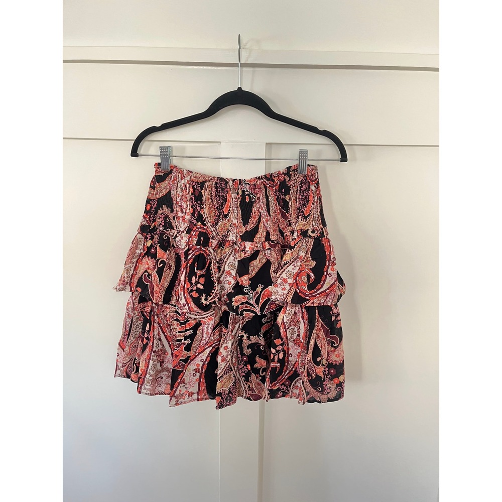Anthropologie Paisley Smocked Tiered Mini Skirt Black Red Orange Women's XS